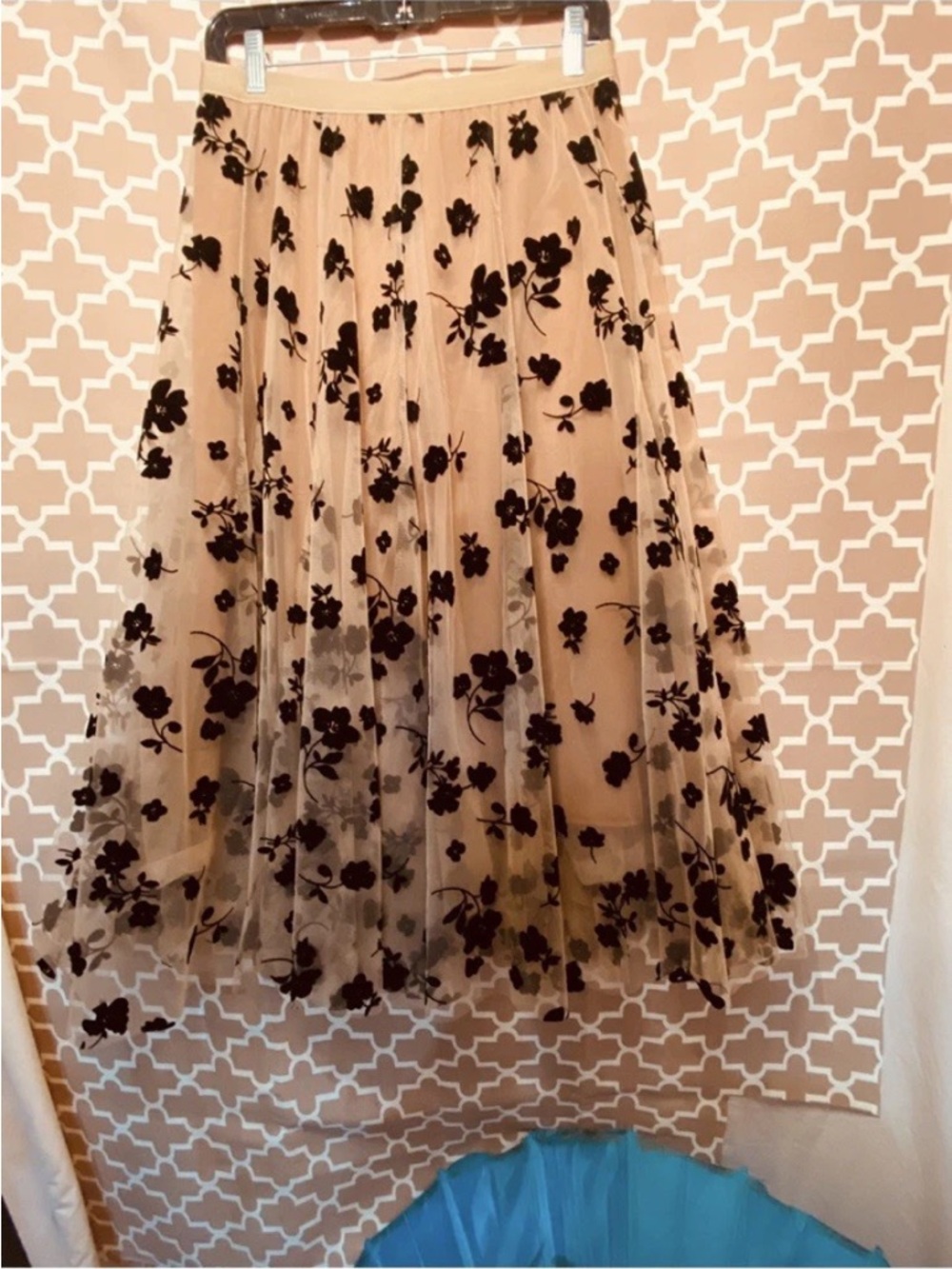 Beige Tulle Midi Skirt with Black Floral Flocked Detail
